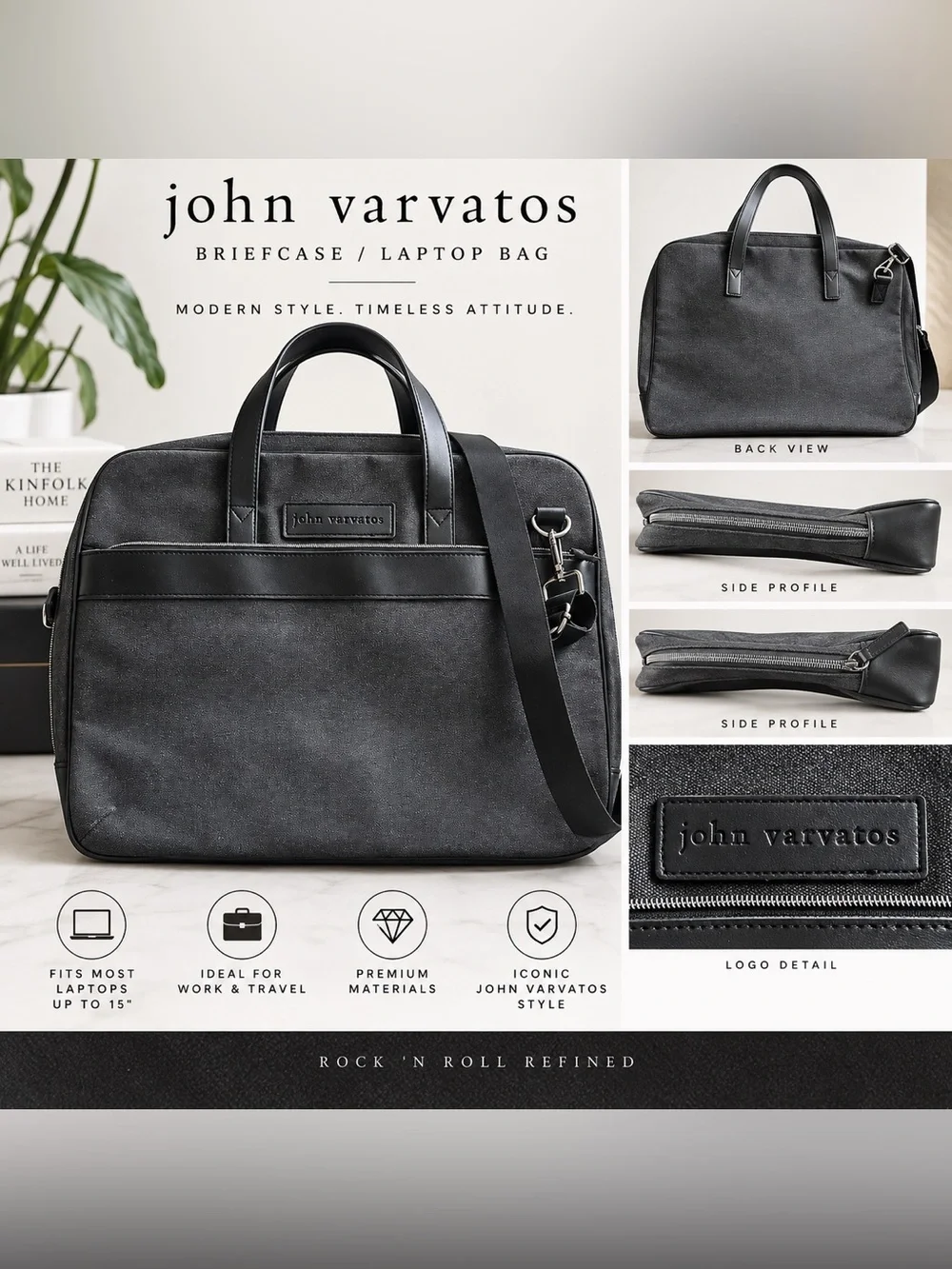 John Varvatos Men’s Gray Canvas Black Trim Laptop Briefcase Messenger Bag